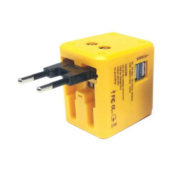 Adaptateur de voyage universel 3 en 1 à prise jaune avec 2 ports USB, charge rapide