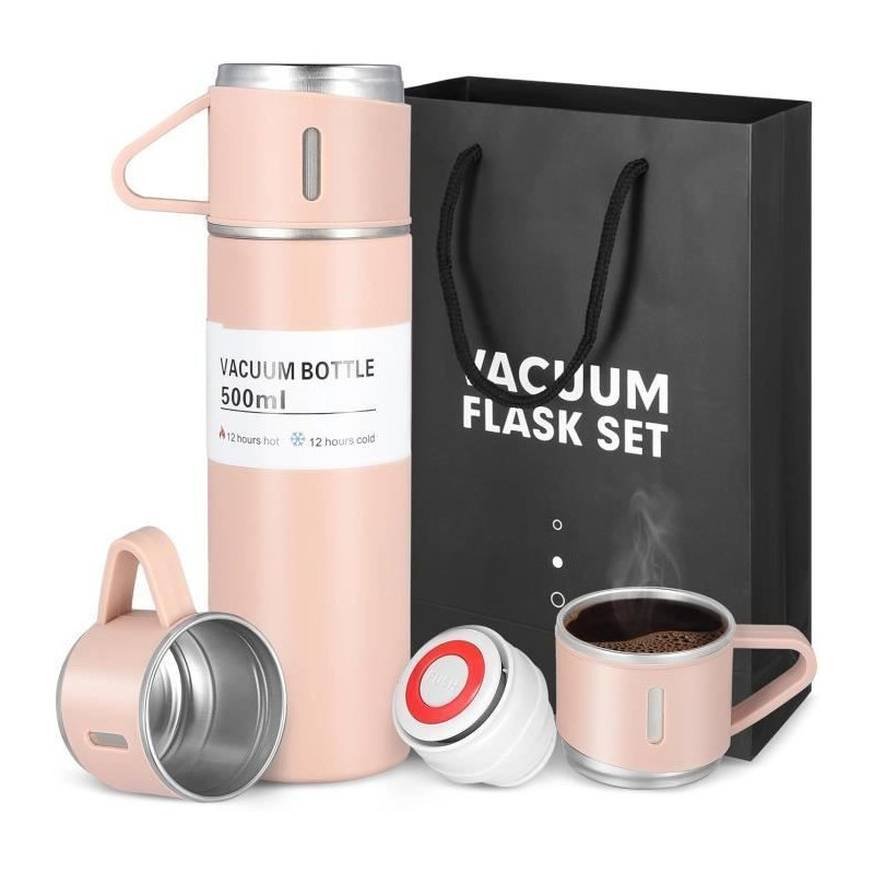 Bouteille Isotherme Coffret Cadeau, Gourde Isotherme Etanche Avec Tasse Et Couvercle, Mug Isotherme Cafe En Acier Inoxydable